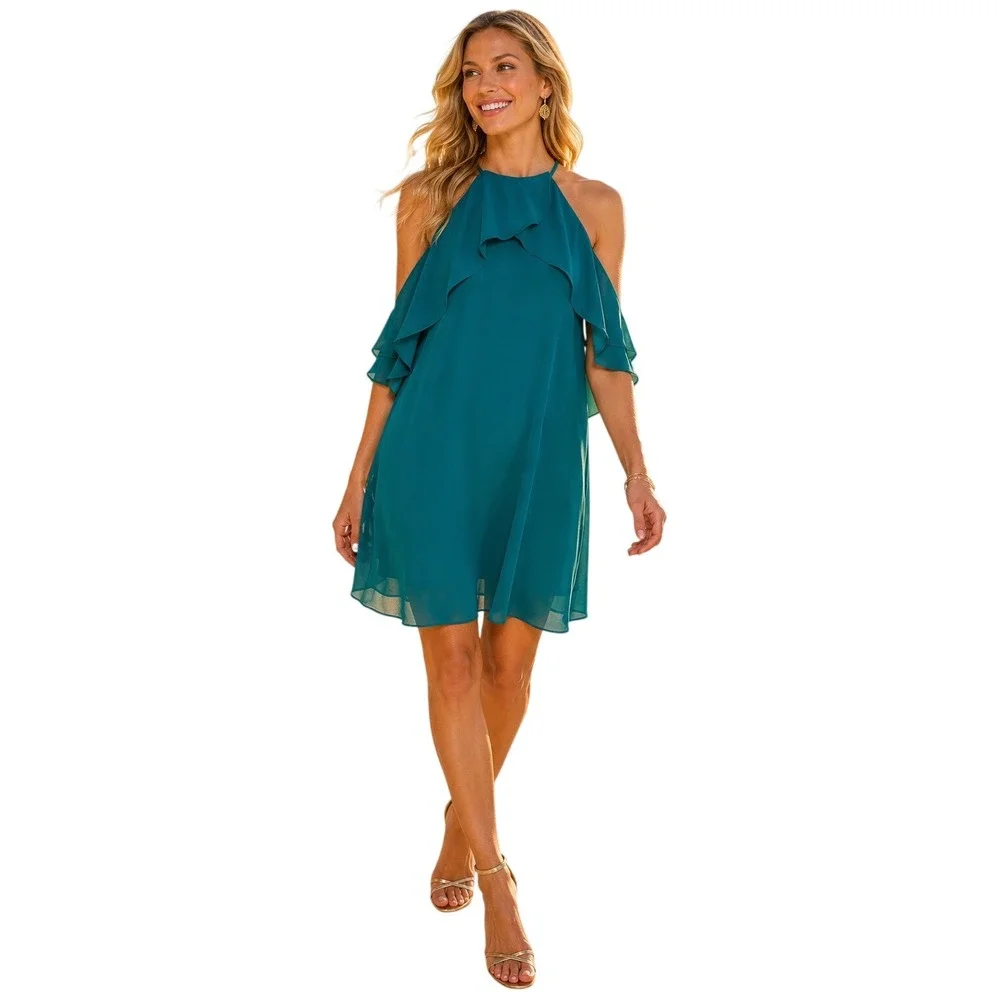 NSR Napean Sea Rd Teal Halter Ruffle Cold Shoulder‎ Dress Medium NWT